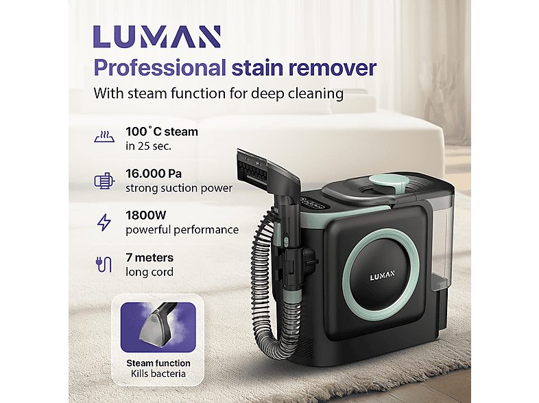 Limpiador de tapicerías - LUMAN A3 Pro, 1800 W, Potencia de succión 1800 W, Depósito 1800 ml, Verde — foto 2