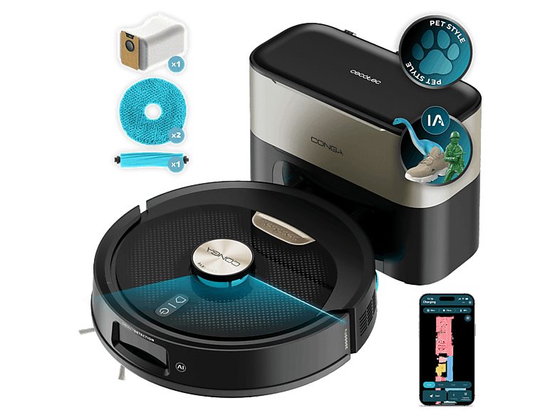Robot aspirador - Cecotec Conga Y100 Spin AI, 20000 Pa, 220 m², Navegación láser, Autovaciado, Especial mascotas, Negro