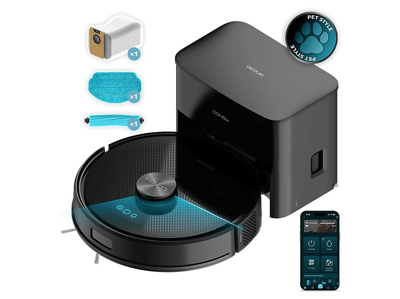 Robot aspirador - CECOTEC Conga Y70, 20 W, Potencia de succión 20000 kPa, Depósito 3 l, Autonomía 250 min, Negro