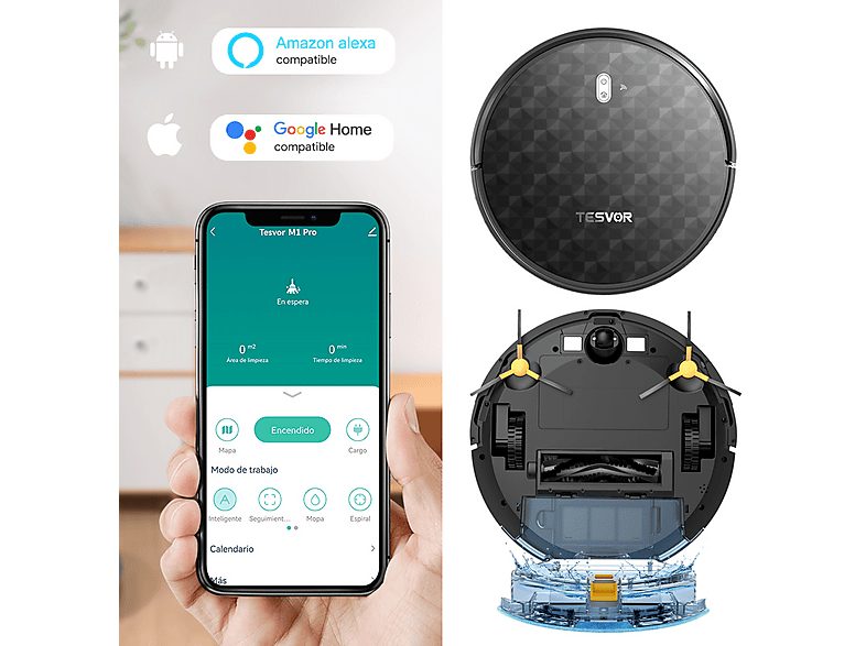 Robot aspirador - TESVOR TSV002, 25 W, Depósito 600 ml, Autonomía 150 min, Negro — foto 2