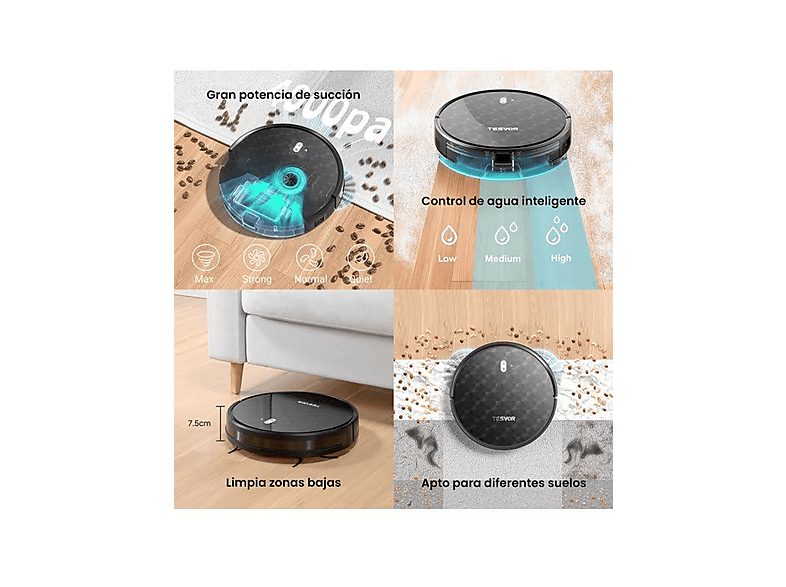 Robot aspirador - TESVOR TSV002, 25 W, Depósito 600 ml, Autonomía 150 min, Negro — foto 7