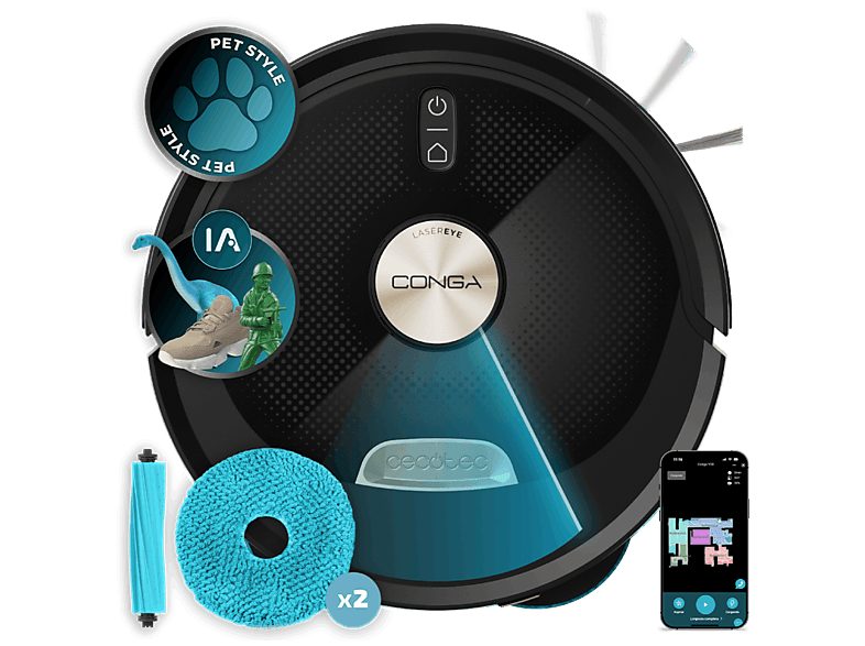 Robot friegasuelos - Cecotec Conga M100 Spin AI, Navegación inteligente IA, Programable, Negro