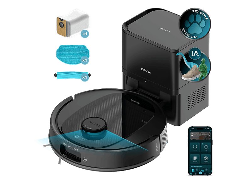Robot friegasuelos - Cecotec Conga Y80, Navegación inteligente, Programable, 13000 Pa succión, Base de 2,5L, Cepillo para mascotas, Negro