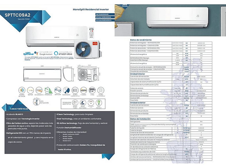 Split 1x1 - INFINITON SPTTC09A2, 12000 fg/h, Función Inverter, Blanco — foto 3