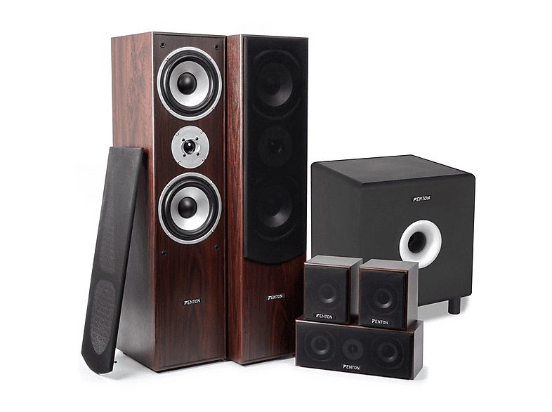 FENTON Subwoofer - FENTON Conjunto de altavoces envolventes 5.1 para cine en casa en nogal de 1300 W con subwoofer de 8", Brown
