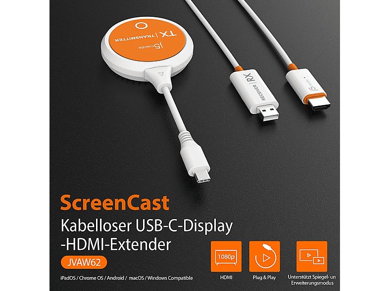 Transmisor de señal  - JVAW62-N ScreenCast USB-C J5CREATE, Blanco y Naranja — foto 2